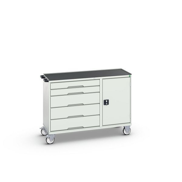 bott verso Montagewagen, mit 5 Schubladen, Tür und Abrollrand, BxTxH: 1300 x 550 x 965 mm, Lichtgrau / Lichtgrau, 16927152.16
