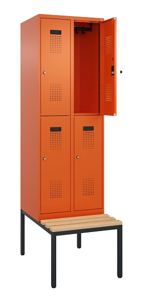 C+P Doppelstock-Spind Evolo PLUS, Bank, 4 Fächer, 2120x600x815mm, 2004/2004, Zylinderschloss, Sitzfläche Buche-Hartholz, Sitzbank, 0493507-20 S10050