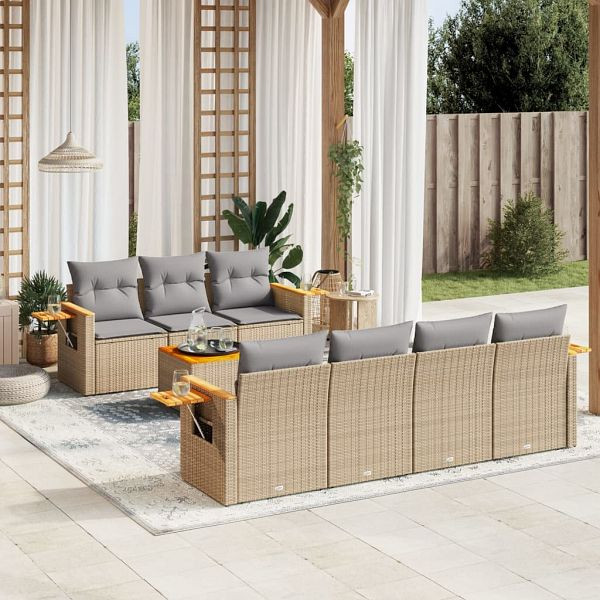 vidaXL 8-tlg. Garten-Sofagarnitur mit Kissen Beige Poly Rattan, 3259049