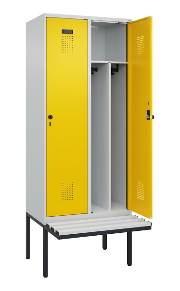 C+P Spind Evolo PLUS, 2 Abteile, 2120x800x815mm, 7035/1023, Haken 4, Drehriegel, Sitzfläche Kunststoff, Trennwand, 0490407-22F S10055