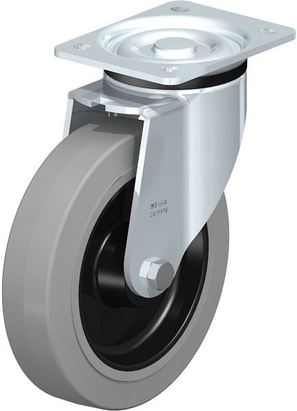 Blickle LK-POEV 200R-SG Stahlblech-Lenkrolle, schwere Ausführung, mit Anschraubplatte, Elastik-Vollgummi, Grau, 25718