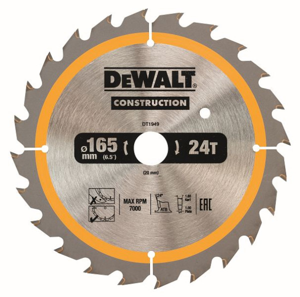 DeWalt Bau-Kreissägeblatt Akku 165/20mm 24WZ, DT1949-QZ