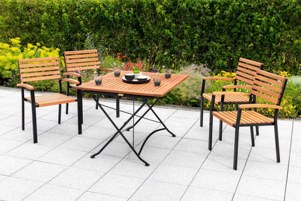 Merxx Schlossgarten Set 5-teilig, 4 Schlossgarten Stapelsessel, 1 Klapptisch, 120 x 80 cm, Flachstahl mit FSC Eukalyptusbelattung, 50154-217