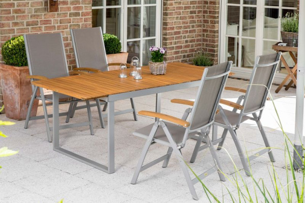 Merxx Naxos Set 7-teilig, 6 Naxos Klappsessel, 1 Ausziehtisch, 150 (200) x 90 cm, Aluminium mit Textilbespannung und FSC Akazienholz, 50220-309