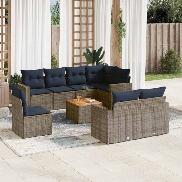 vidaXL 9-teilige Garten-Sofagarnitur mit Kissen Grau Poly Rattan, 3256551