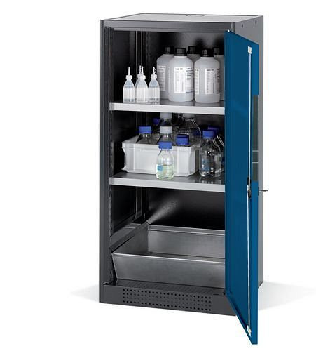 asecos Chemikalienschrank Systema CS-52R, Korpus anthrazit, blau, 2 Einlegeböden und Bodenwanne, 202561