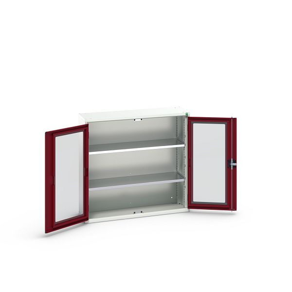 bott verso Flügeltürschrank mit Sichtfenster, mit 2 Fachböden, BxTxH: 1050 x 350 x 1000 mm, Lichtgrau / Purpurrot, 16926272.24