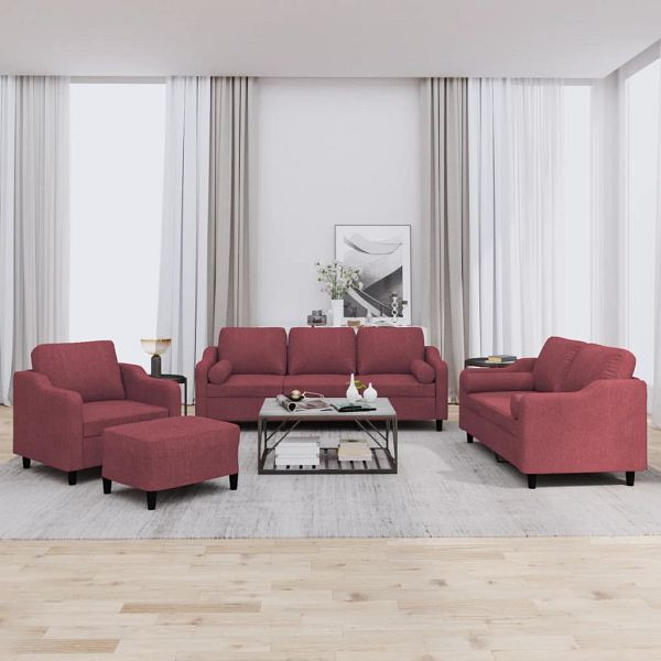 vidaXL 4-teilig Sofagarnitur mit Kissen Weinrot Stoff, 3201800