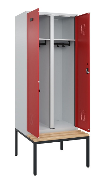 C+P Schwarz-Weiß-Spind Evolo PLUS, Bank, 2 Abteile, 2120x800x815mm, 7035/3000, Zylinderschloss, Sitzfläche Buche-Hartholz, Sitzbank, 0490527-22 S10030