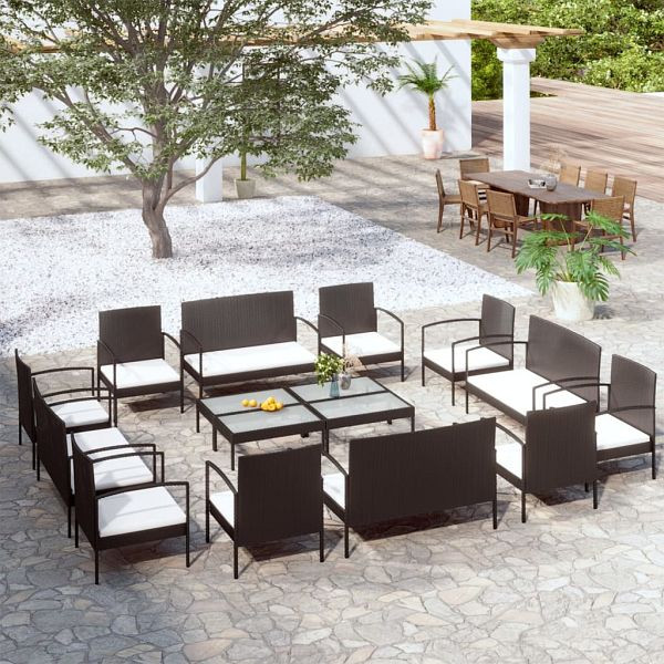 vidaXL 16-teilig Garten-Lounge-Set mit Auflagen Poly Rattan Schwarz, 3095964