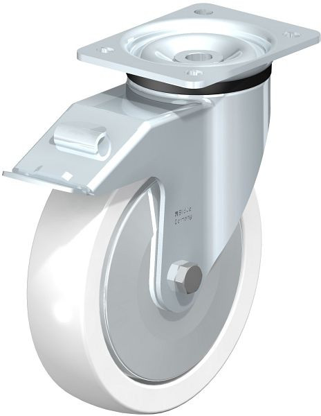 Blickle LK-SPO 200G-FI-FA Stahlblech-Lenkrolle, schwere Ausführung, mit Anschraubplatte & Feststeller, Polyamid, Weiß, 750539