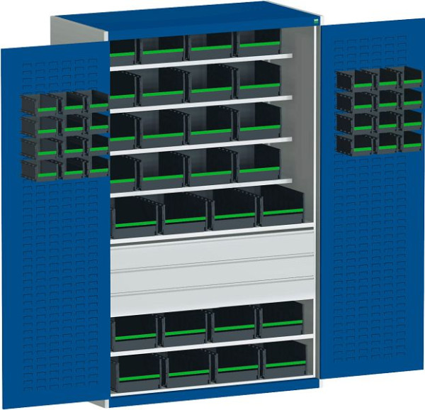 bott cubio Flügeltürschrank bestückt 3 Schubladen, 7 Fachböden, 52 bottBoxen BxTxH: 1300 x 650 x 2000 mm, RAL 7035, 40022142.16V