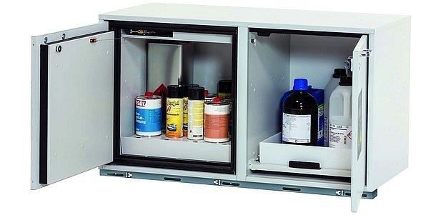 asecos Kombi-Sicherheitsschrank K-UB-90, K90.060.110.050.UB.2T in lichtgrau RAL 7035 mit 1x Lochblecheinsatz Standard (Stahlblech), 30365-001-30366