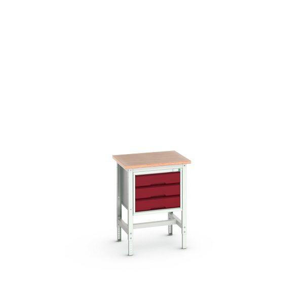 bott verso Werkbank (Multiplex-Platte) mit Querstrebenset und 3 Schubladen, BxTxH: 700 x 600 x 780 - 930 mm, Lichtgrau / Purpurrot, 16921602.24