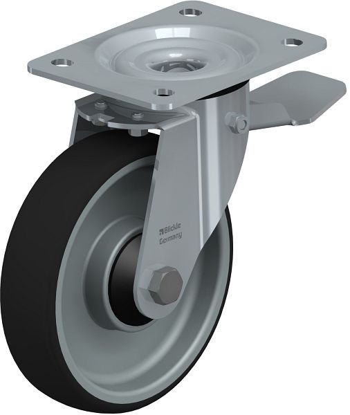 Blickle LE-PATH 160K-ST-ELS Stahlblech-Lenkrolle mit Anschraubplatte & Feststeller, Thermoplastisches Polyurethan, Grau, 852160