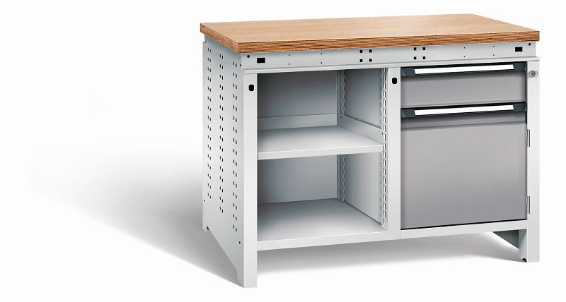 Otto Kind Werkbank Serie function Typ 211, Multiplexplatte 40 mm, bündig, 2x Unterbau, Gehäuse RAL 7035, Front RAL 7037, 072341167