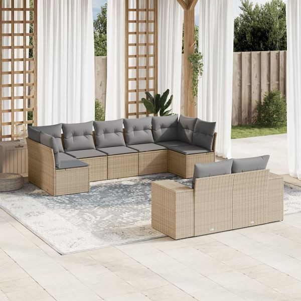 vidaXL 9-teilig Garten-Sofagarnitur mit Kissen Beige Poly Rattan, 3223018