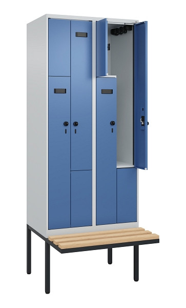 C+P Z-Spind Evolo PLUS, Bank, 4 Fächer, 2120x800x815mm, 7035/5023, Drehriegel, Sitzfläche Holz, 0490437-224 S10020