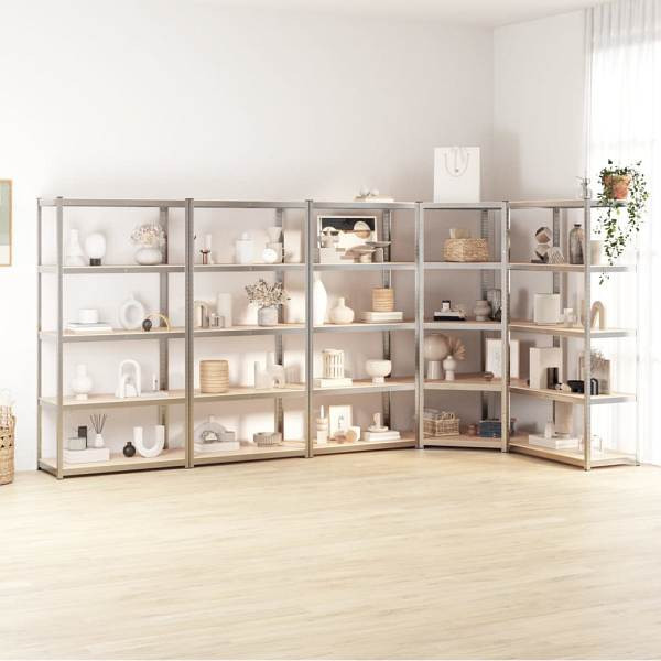 vidaXL Regale mit 5 Böden 5 Stück Silbern Stahl & Holzwerkstoff, 3154221