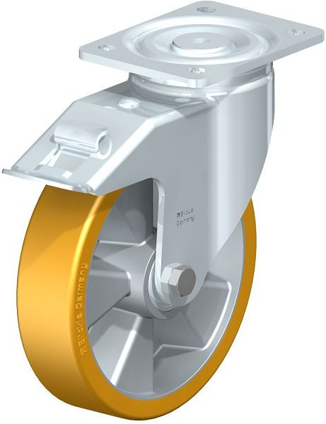 Blickle LH-ALTH 200K-FI Stahlblech-Lenkrolle, Schwerlast-Ausführung, mit Anschraubplatte & Feststeller, Blickle Extrathane®, Hellbraun, 473934