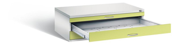 C+P Flachablageschrank Serie 7100_7200, H420xB1350xT960mm, Farbe: Lichtgrau / Viridingrün, Bügelgriff, 7200-100 S10149