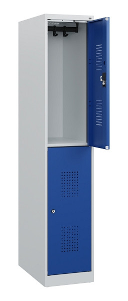 C+P Doppelstöckiger Spind Evolo PLUS, 2 Fächer, 1530x300x500mm, 7035/5010, Zylinderschloss, 0493005-10 S10029