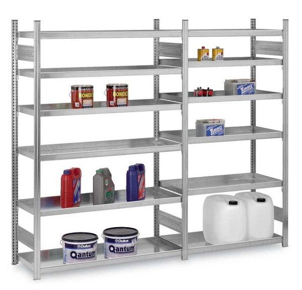 hofe Wannenboden-Grundregal, 2500x600x1000 mm, 6 Fachebenen, verzinkt, 200 kg Fachlast, 1500 kg Feldlast, zweiseitige Bedienung, HZG25610AW