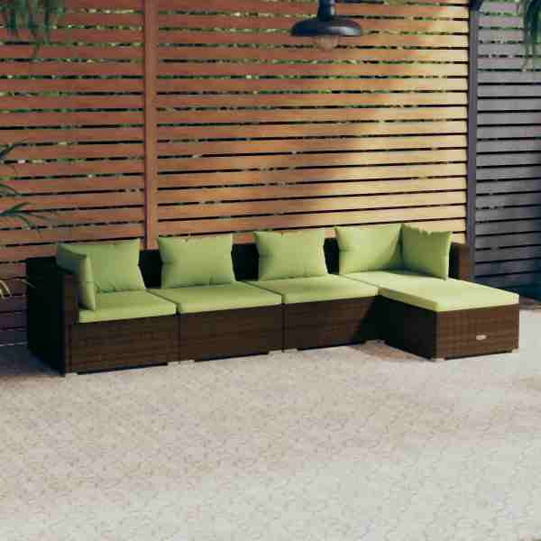 vidaXL 5-tlg. Garten-Lounge-Set mit Kissen Poly Rattan Braun, 3101660