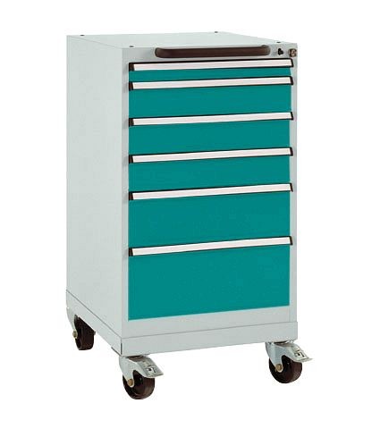 Manuflex Schubfachschrank BASETEC mobil, Nutzhöhe 700 mm mit 6 Schubfächern, in wasserblau RAL 5021, SP1108.5021