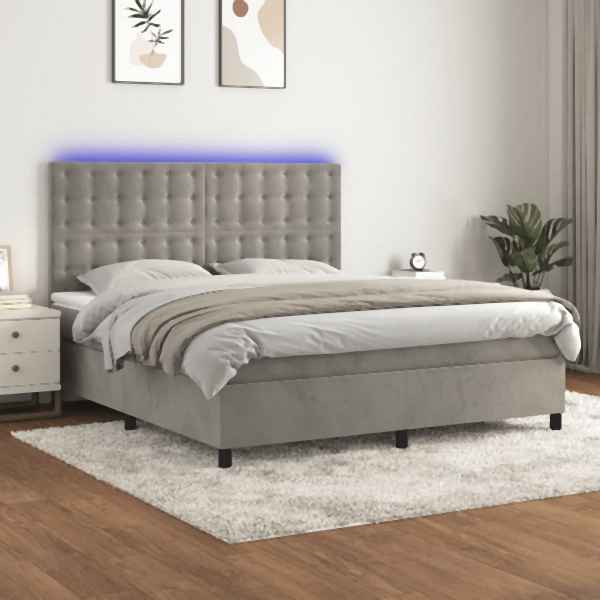 vidaXL Boxspringbett mit Matratze & LED Hellgrau 180x200 cm Samt, 3136377