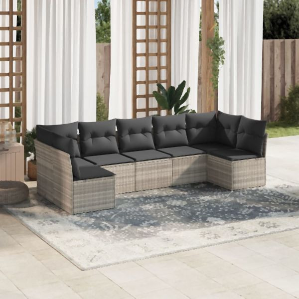 vidaXL 7-tlg. Garten-Sofagarnitur mit Kissen Hellgrau Poly Rattan, 3217432
