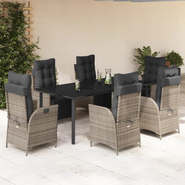 vidaXL 7-teilig Garten-Essgruppe mit Kissen Grau Poly Rattan, 3213432