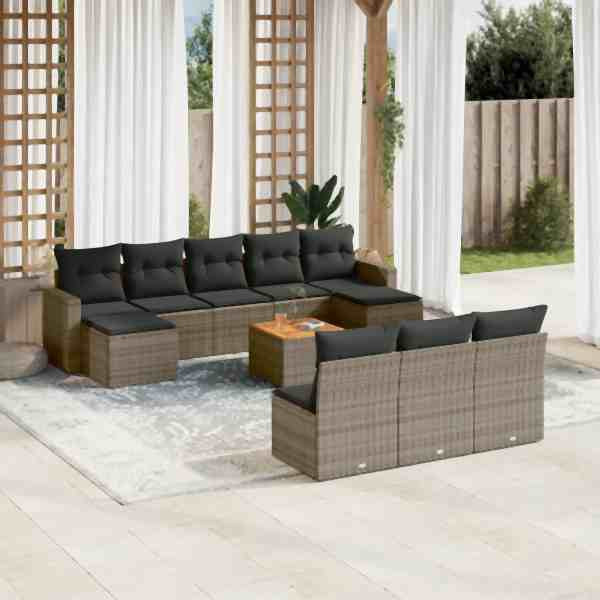 vidaXL 11-tlg. Garten-Sofagarnitur mit Kissen Grau Poly Rattan, UV-beständig, 3224331