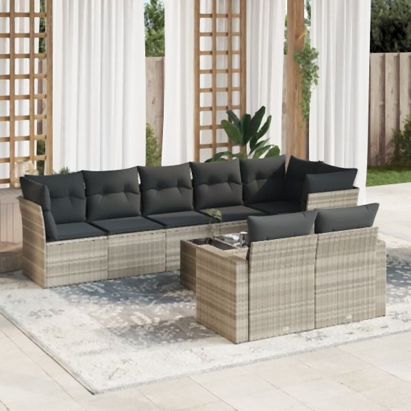vidaXL 9-tlg. Garten-Sofagarnitur mit Kissen Hellgrau Poly Rattan, 3219222