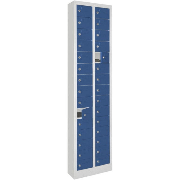 Deskin Kleinfachschrank 2 x 15 Fächer, Enzianblau RAL 5010, 460 x 200 x 1950 mm, mit Etikettenrahmen, 270412