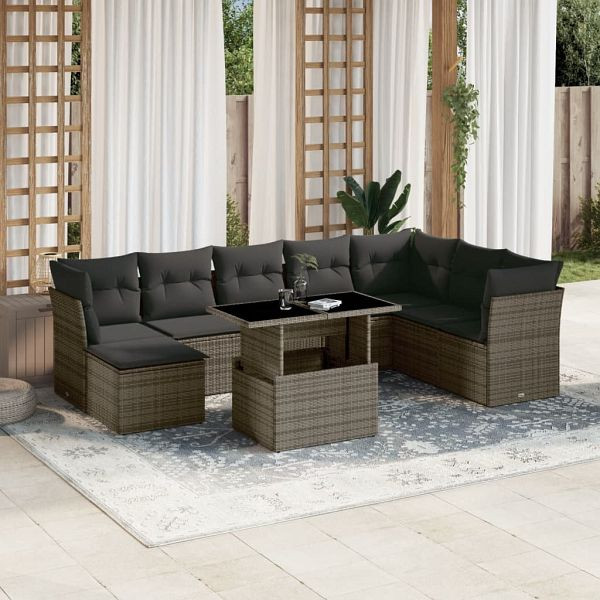 vidaXL 9-teilig Garten-Sofagarnitur mit Kissen Grau Poly Rattan, 3266790