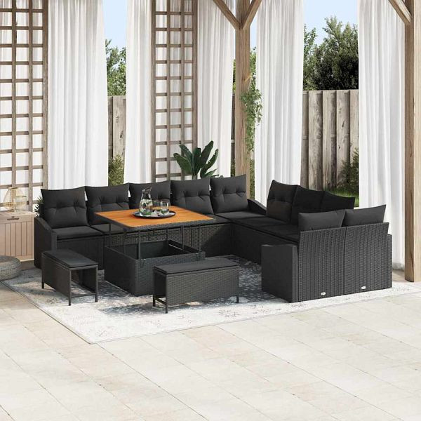 vidaXL Garten-Sofa-Set mit Kissen 13-teilig Schwarz Poly-Rattan, 3362704