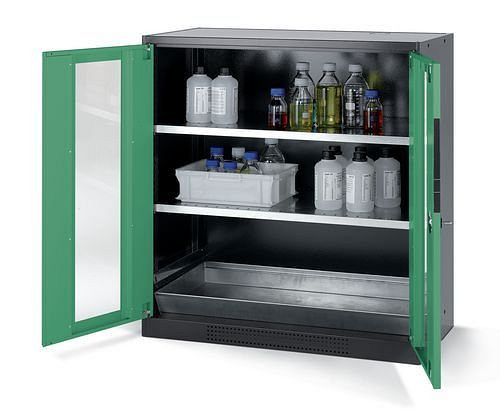 asecos Chemikalienschrank Systema CS-102G, Korpus anthrazit, grün, 2 Einlegeböden und Bodenwanne, 202674