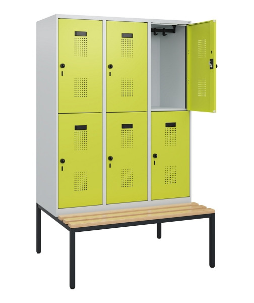 C+P Doppelstöckiger Spind Evolo PLUS, Bank, 6 Fächer, 1950x1200x815mm, 7035/0024, Drehriegel, Sitzfläche Buche-Hartholz, Sitzbank, 0493505-32 S10015