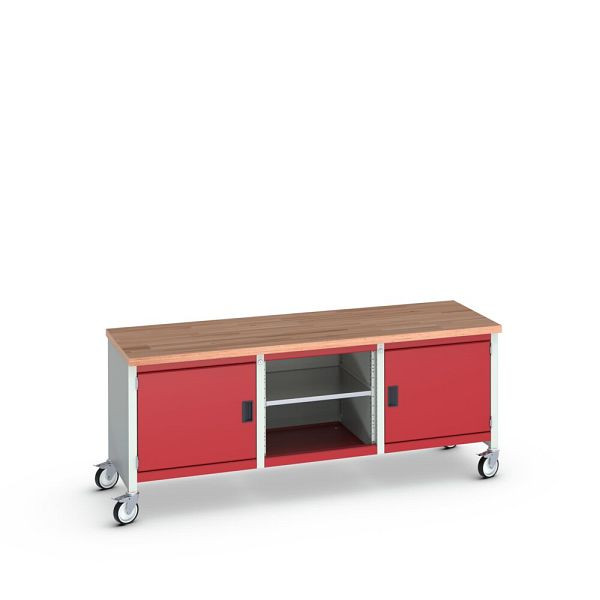 bott cubio Kastenwerkbank mobil, 2 Türen, 3 Ablagen, Rotbuche-Arbeitsplatte, BxTxH: 2000x750x840mm, RAL 7035/3004, Purpurrot, 41002119.24V