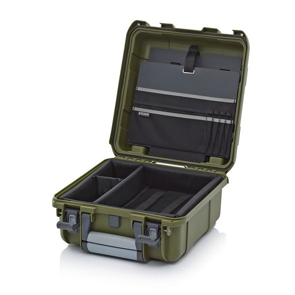 Auer Schutzkoffer Pro Trolley, Olivgrün, ohne Schloss, Laptopeinsatz 13" mit Deckeltafel Band grau, CP 4422 B3-6003