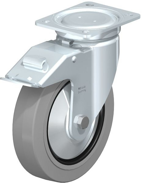 Blickle LU-POEV 200XR-FI-SG-FA Stahlblech-Lenkrolle, schwere, geschlossene Ausführung, mit Anschraubplatte & Feststeller, Elastik-Vollgummi, Grau, 851626