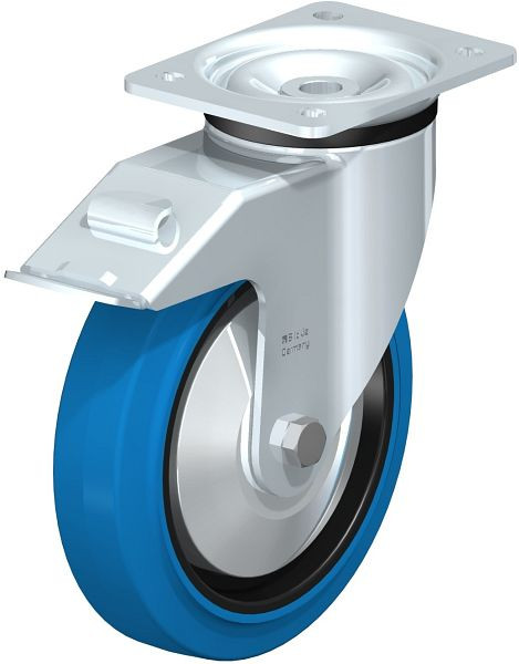 Blickle LK-POEV 200KD-FI-SB-FA Stahlblech-Lenkrolle, schwere Ausführung, mit Anschraubplatte & Feststeller, Elastik-Vollgummi, Blau, 851308