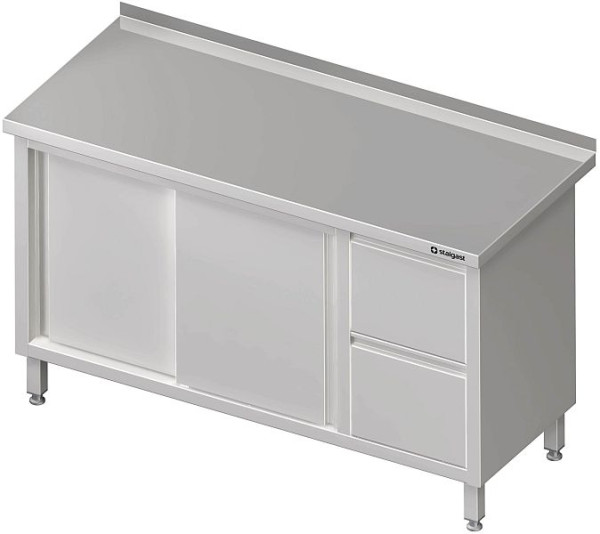 Stalgast Arbeitsschrank mit Schiebetüren, 1300x700x850 mm, mit 2er Schubladenblock links, ohne Aufkantung, verschweißt, VAS13704L