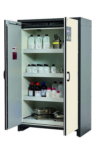asecos Sicherheitsschrank Q-CLASSIC-30, Q30.195.116 in reinweiß RAL 9010 mit 3x Wannenboden Standard (Stahlblech), 31003-070-30007