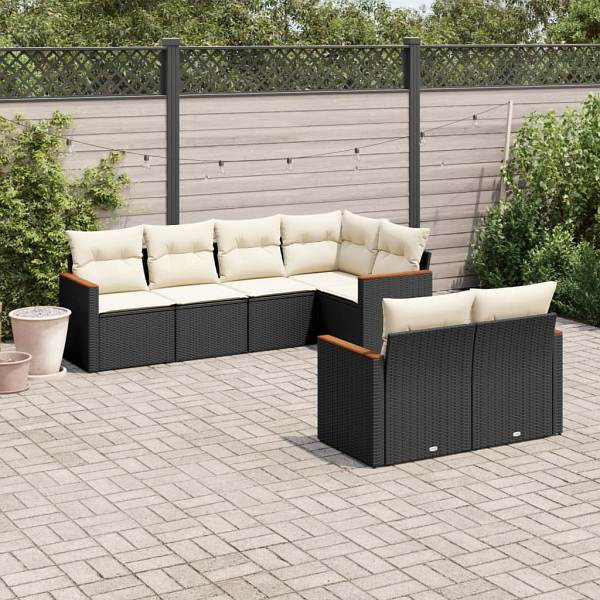 vidaXL 7-tlg. Garten-Sofagarnitur mit Kissen Schwarz Poly Rattan, UV-beständig, 3226140