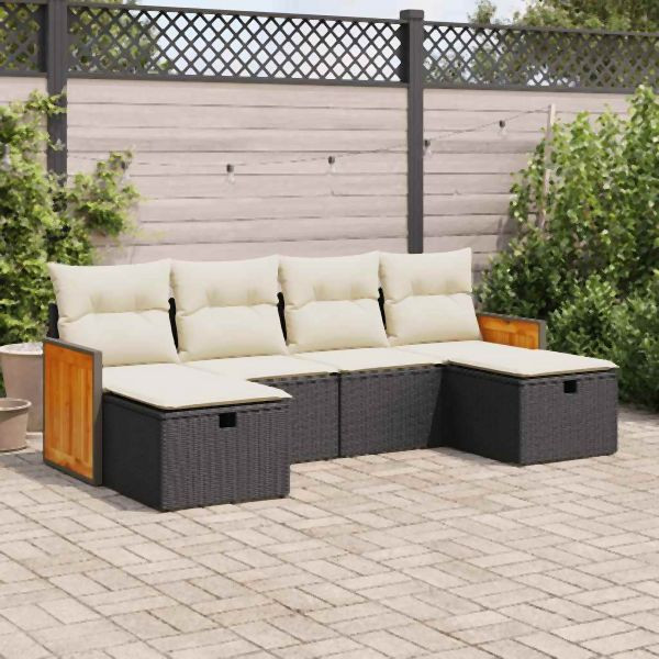 vidaXL 6-tlg. Garten-Sofagarnitur mit Kissen Schwarz Poly Rattan, 3326053