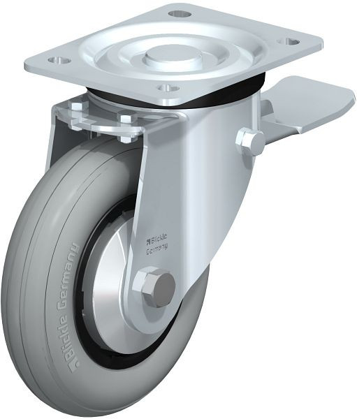 Blickle L-VWPP 160G-ST-SG-FA Stahlblech-Lenkrolle, mittelschwere Ausführung, mit Anschraubplatte & Feststeller, Weichgummi, Grau, 849940