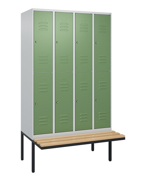 C+P Doppelstöckiger Spind Classic PLUS, 4 Abteile, 2120x1200x815mm, 7035/6011, Zylinderschlösser, Buche-Sitzleisten, Sitzfläche, 0803407-40 S10096