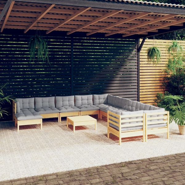 vidaXL 12-teilig Garten-Lounge-Set mit Grauen Kissen Kiefernholz, 3097060
